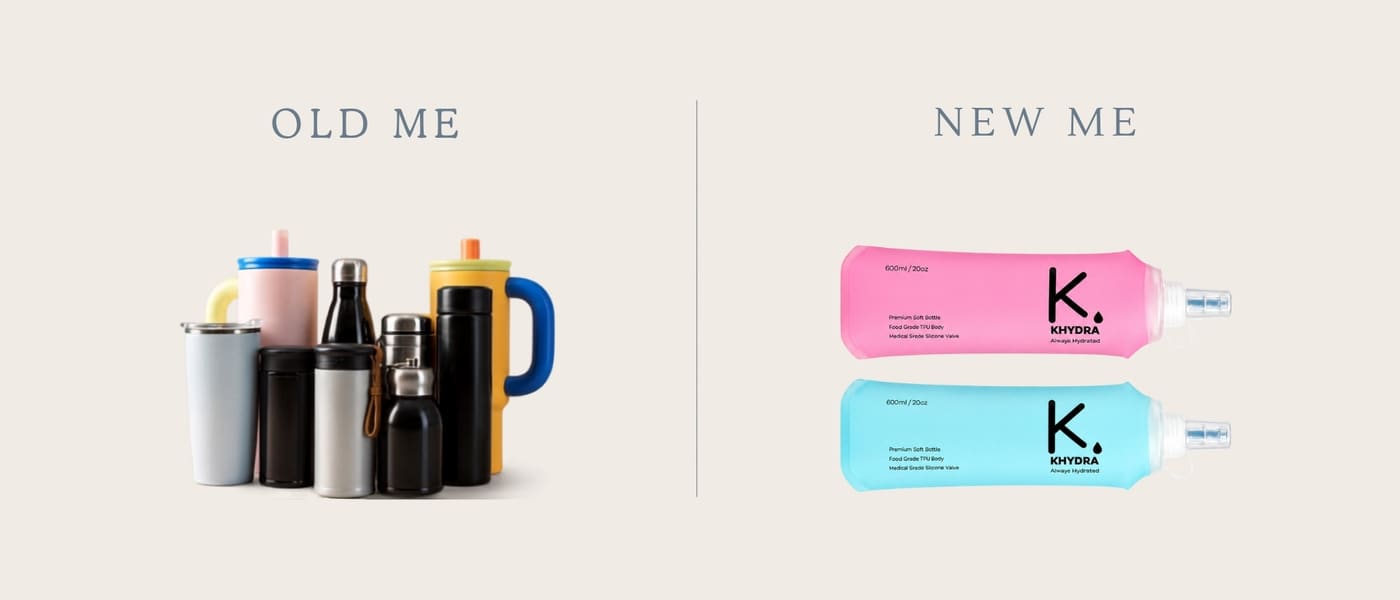 Old single-use plastic bottles versus the new Khydra collapsible soft flask