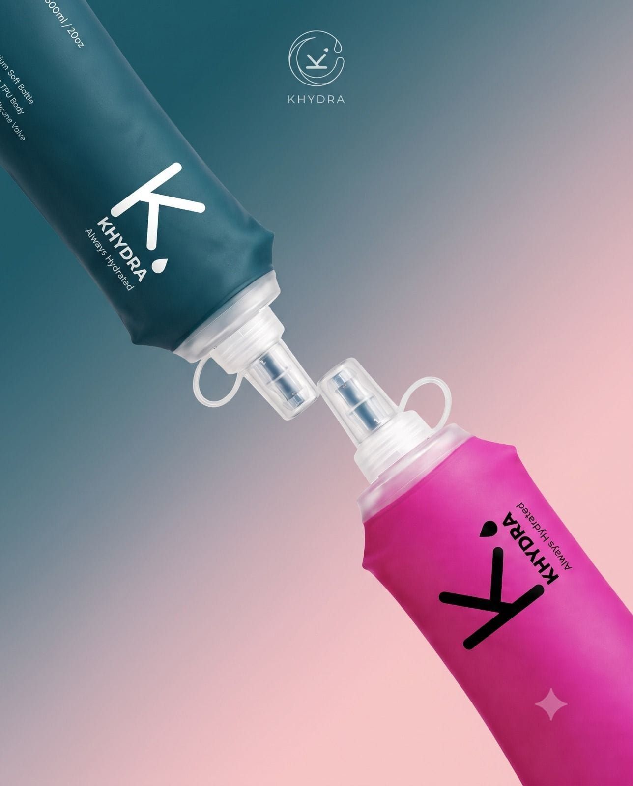 Two Khydra flasks meeting, teal and pink