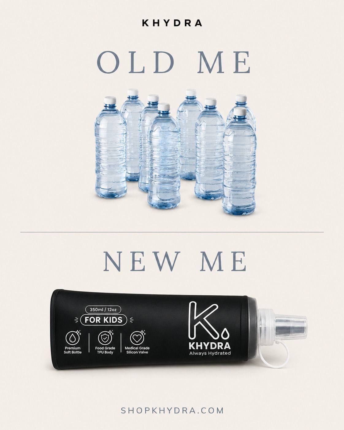 Old plastic bottles compared to the new Khydra flask
