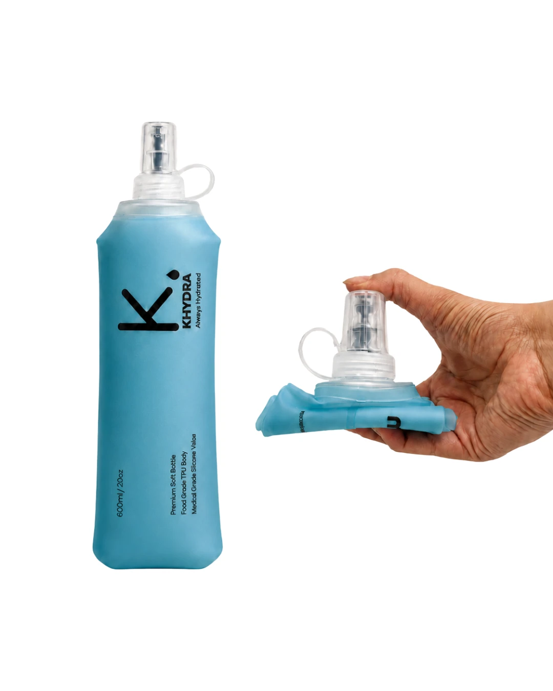 Khydra adult flask at full 600ml size beside the same flask folded flat and held in one hand