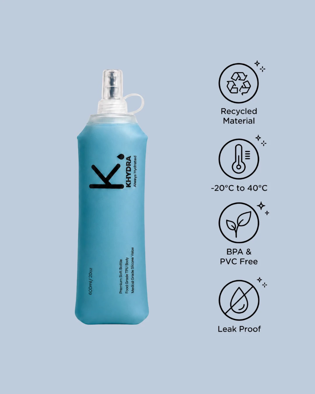 Khydra adult flask with icons for recycled material, temperature range, BPA and PVC free, and leak proof